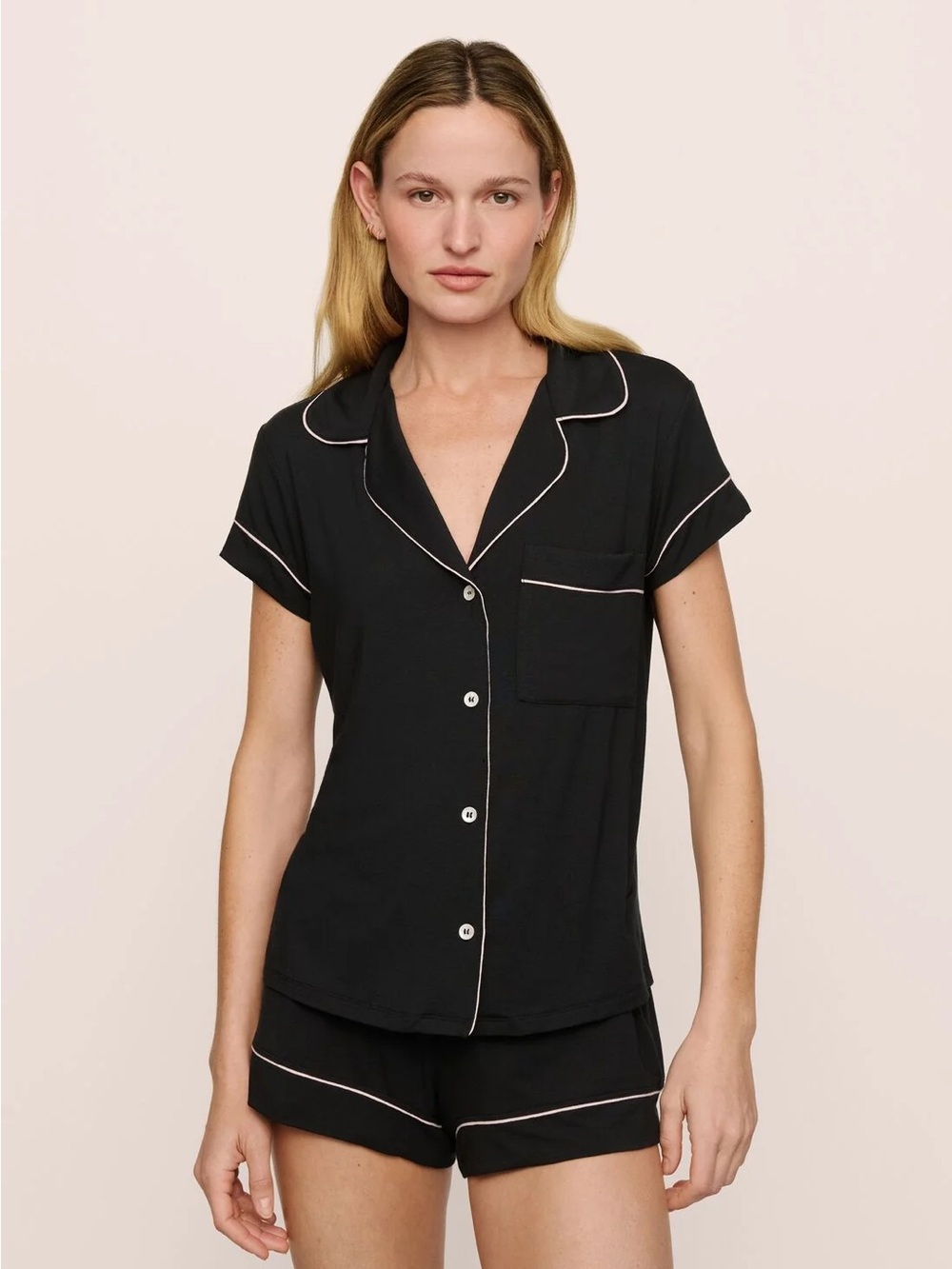Eberjey Black Short-Sleeve Pajama Set with Cream Piping M